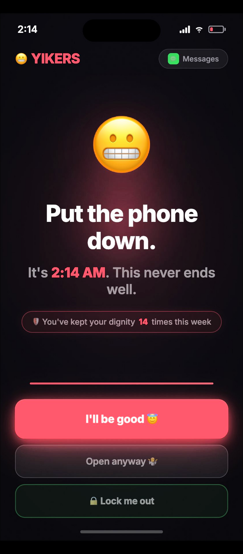YIKERS intercept screen ☠ Put the phone down at 2:14 AM