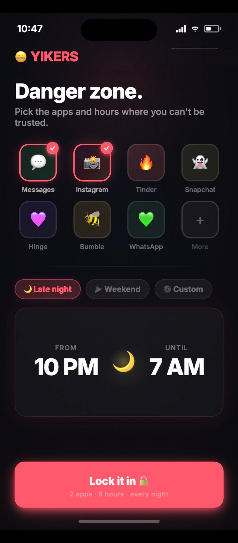 YIKERS setup screen ☠ pick your apps and danger hours