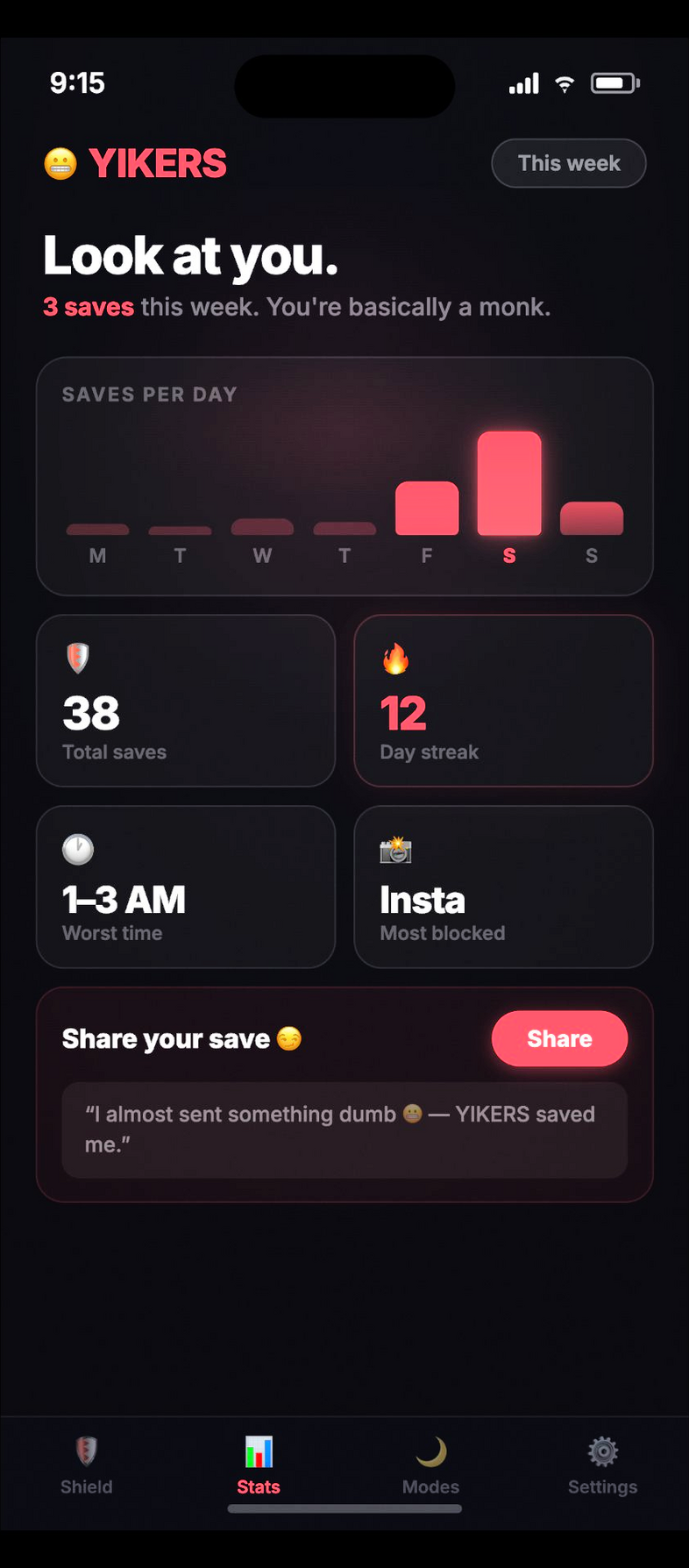YIKERS stats dashboard ☠ track saves, streaks, and patterns